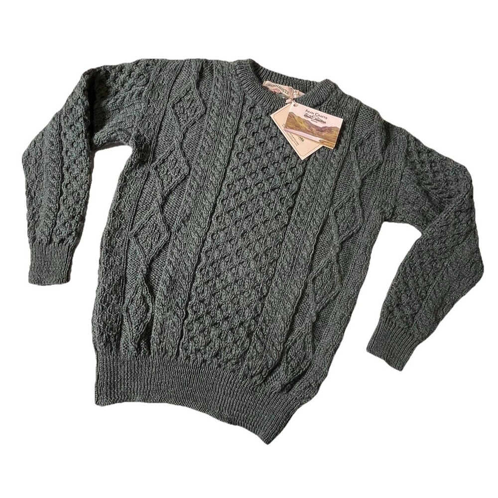 Aran Crafts Sweater 100% Wool Cable Knit Fisherman Ireland Made Small